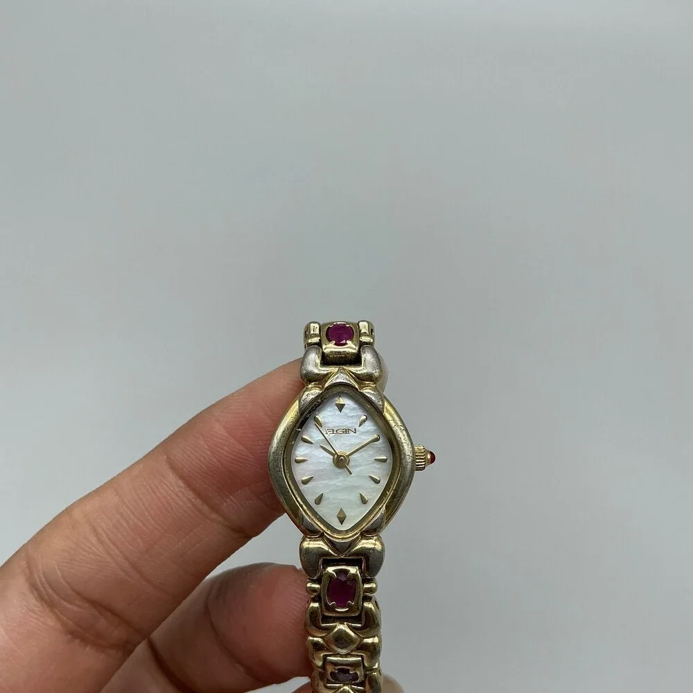 Elgin Ruby Womens Watch 17mm MOP Dial Gold Tone Bracelet New Battery 7.5